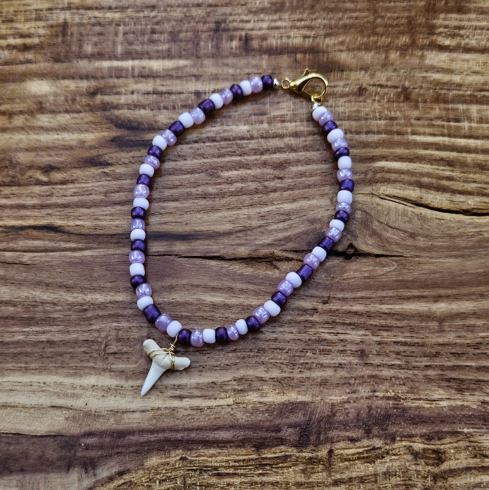 Purple Beaded Anklet with Lemon Shark Tooth